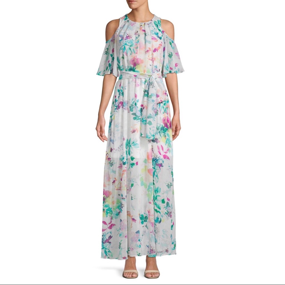 Calvin Klein Cold Shoulder Floral Chiffon Dress - Picture 5 of 5